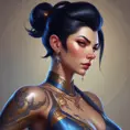 Matte portrait of Vayne from League of Legends with tattoos, 8k, Highly Detailed, Powerful, Alluring, Artstation, Magical, Digital Painting, Photo Realistic, Sharp Focus, Volumetric Lighting, Concept Art by Stanley Artgerm Lau, Alphonse Mucha, Greg Rutkowski