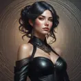 Alluring matte portrait of a beautiful Sona wearing black leather, 8k, Highly Detailed, Intricate, Half Body, Realistic, Sharp Focus, Volumetric Lighting, Fantasy, Elegant by Stanley Artgerm Lau, Alphonse Mucha, WLOP