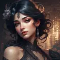 Alluring matte portrait of a beautiful Sona in black, 8k, Highly Detailed, Intricate, Half Body, Realistic, Sharp Focus, Volumetric Lighting, Fantasy, Elegant by Stanley Artgerm Lau, Alphonse Mucha, WLOP