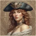 Alluring matte portrait of a beautiful female Pirate, 8k, Highly Detailed, Intricate, Half Body, Realistic, Sharp Focus, Volumetric Lighting, Fantasy, Elegant by Alphonse Mucha