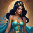 Alluring matte portrait of Princess Jasmine, 4k, 4k resolution, 8k, HD, High Definition, High Resolution, Highly Detailed, HQ, Hyper Detailed, Intricate Artwork, Ultra Detailed, Digital Painting, Matte Painting, Realistic, Sharp Focus, Dim light, Fantasy by Stanley Artgerm Lau