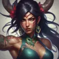 Matte portrait of Akali from League of Legends with tattoos, 8k, Highly Detailed, Powerful, Alluring, Artstation, Magical, Digital Painting, Photo Realistic, Sharp Focus, Volumetric Lighting, Concept Art by Stanley Artgerm Lau, Alphonse Mucha, Greg Rutkowski