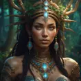 Closeup of a beautiful tribal goddess in a magical forest, 4k, Highly Detailed, Masterpiece, Pretty Face, Digital Illustration, Cinematic Lighting, Realistic, Sharp Focus, Centered, Beautifully Lit, Bioluminescent by Stanley Artgerm Lau