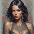 Colorful portrait of a tattooed Irina Shayk with a grey scale face, 4k, Highly Detailed, Hyper Detailed, Powerful, Artstation, Vintage Illustration, Digital Painting, Sharp Focus, Smooth, Concept Art by Stanley Artgerm Lau, Alphonse Mucha, Greg Rutkowski