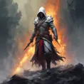 White Assassin emerging from a firey fog of battle, ink splash, Highly Detailed, Vibrant Colors, Ink Art, Fantasy, Dark by Brad Rigney