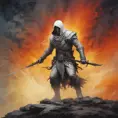 White Assassin emerging from a firey fog of battle, ink splash, Highly Detailed, Vibrant Colors, Ink Art, Fantasy, Dark by Gilbert Williams