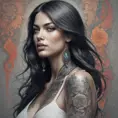 Colorful portrait of a tattooed Irina Shayk with a grey scale face, 4k, Highly Detailed, Hyper Detailed, Powerful, Artstation, Vintage Illustration, Digital Painting, Sharp Focus, Smooth, Concept Art by Stanley Artgerm Lau, Alphonse Mucha, Greg Rutkowski