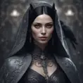 Alluring portrait of a beautiful raven black-haired veiled & caped vampire with sharp features and piercing eyes in the style of Stefan Kostic, 8k, High Definition, Highly Detailed, Intricate, Half Body, Realistic, Sharp Focus, Fantasy, Elegant