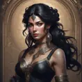 Alluring matte portrait of a fierce beautiful Kassandra in black, 8k, Highly Detailed, Intricate, Half Body, Realistic, Sharp Focus, Volumetric Lighting, Fantasy, Elegant by Stanley Artgerm Lau, Alphonse Mucha, WLOP, Stefan Kostic