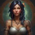 Matte portrait of Nidalee from League of Legends with tattoos, 8k, Highly Detailed, Powerful, Alluring, Artstation, Magical, Digital Painting, Photo Realistic, Sharp Focus, Volumetric Lighting, Concept Art by Stanley Artgerm Lau, Alphonse Mucha, Greg Rutkowski