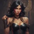 Alluring matte portrait of a beautiful Nidalee wearing black leather, 8k, Highly Detailed, Intricate, Half Body, Realistic, Sharp Focus, Volumetric Lighting, Fantasy, Elegant by Stanley Artgerm Lau, Alphonse Mucha, WLOP