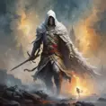 White Assassin emerging from a firey fog of battle, ink splash, Highly Detailed, Vibrant Colors, Ink Art, Fantasy, Dark by Gilbert Williams