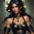 Alluring matte portrait of a beautiful Nidalee wearing black leather, 8k, Highly Detailed, Intricate, Half Body, Realistic, Sharp Focus, Volumetric Lighting, Fantasy, Elegant by Stanley Artgerm Lau, Alphonse Mucha, WLOP