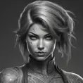 Grayscale matte portrait of a beautiful female ninja with tattoos, 4k, Highly Detailed, Powerful, Alluring, Artstation, Magical, Digital Painting, Photo Realistic, Sharp Focus, Volumetric Lighting, Concept Art by Stanley Artgerm Lau, Alphonse Mucha, Greg Rutkowski