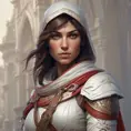 Closeup of Kassandra from Assassins Creed in white armor, Highly Detailed, Intricate, Artstation, Beautiful, Digital Painting, Sharp Focus, Concept Art, Elegant by Alphonse Mucha, Greg Rutkowski