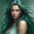 A portrait of a woman with flowing ashen hair, cascading down her shoulders like a silken waterfall. Her eyes are a deep, emerald green, reflecting the wisdom of ages., 8k by Stanley Artgerm Lau