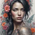 Colorful portrait of a tattooed Irina Shayk with a grey scale face, 4k, Highly Detailed, Hyper Detailed, Powerful, Artstation, Vintage Illustration, Digital Painting, Sharp Focus, Smooth, Concept Art by Stanley Artgerm Lau, Alphonse Mucha, Greg Rutkowski