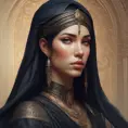 Alluring matte portrait of a beautiful veiled Kassandra wearing a black veil, 8k, Highly Detailed, Intricate, Half Body, Realistic, Sharp Focus, Volumetric Lighting, Fantasy, Elegant by Stanley Artgerm Lau, Alphonse Mucha, WLOP