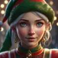 Closeup portrait of a beautiful Christmas Elf, 8k, Highly Detailed, Alluring, Photo Realistic, Sharp Focus, Volumetric Lighting by Stanley Artgerm Lau