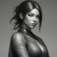 Grayscale matte portrait of a beautiful female ninja with tattoos, 4k, Highly Detailed, Powerful, Alluring, Artstation, Magical, Digital Painting, Photo Realistic, Sharp Focus, Volumetric Lighting, Concept Art by Stanley Artgerm Lau, Alphonse Mucha, Greg Rutkowski