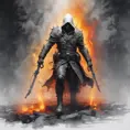 White Assassin emerging from a firey fog of battle, ink splash, Highly Detailed, Vibrant Colors, Ink Art, Fantasy, Dark by Brad Rigney