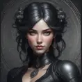 Alluring matte portrait of a beautiful Sona wearing black leather, 8k, Highly Detailed, Intricate, Half Body, Realistic, Sharp Focus, Volumetric Lighting, Fantasy, Elegant by Stanley Artgerm Lau, Alphonse Mucha, WLOP