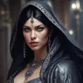 Alluring portrait of a beautiful raven black-haired veiled & caped vampire with sharp features and piercing eyes in the style of Stefan Kostic, 8k, High Definition, Highly Detailed, Intricate, Half Body, Realistic, Sharp Focus, Fantasy, Elegant