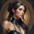 Alluring matte portrait of a beautiful Sona wearing black leather, 8k, Highly Detailed, Intricate, Half Body, Realistic, Sharp Focus, Volumetric Lighting, Fantasy, Elegant by Stanley Artgerm Lau, Alphonse Mucha, WLOP