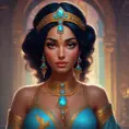 Alluring matte portrait of Princess Jasmine, 4k, 4k resolution, 8k, HD, High Definition, High Resolution, Highly Detailed, HQ, Hyper Detailed, Intricate Artwork, Ultra Detailed, Digital Painting, Matte Painting, Realistic, Sharp Focus, Dim light, Fantasy by Greg Rutkowski