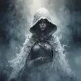 Female white hooded Assassin emerging from the fog of war, Highly Detailed, Vibrant Colors, Ink Art, Fantasy, Dark by Stefan Kostic