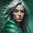 A portrait of a woman with flowing ashen hair, cascading down her shoulders like a silken waterfall. Her eyes are a deep, emerald green, reflecting the wisdom of ages., 8k by Stanley Artgerm Lau