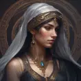 Alluring matte portrait of a beautiful veiled Kassandra wearing a black veil, 8k, Highly Detailed, Intricate, Half Body, Realistic, Sharp Focus, Volumetric Lighting, Fantasy, Elegant by Stanley Artgerm Lau, Alphonse Mucha, WLOP