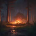 A highly detailed matte painting of a camp fire in the forest at night by studio ghibli, 4k resolution, Masterpiece, Trending on Artstation, Cyberpunk, Octane Render, Volumetric Lighting by Stanley Artgerm Lau, Greg Rutkowski, Makoto Shinkai, WLOP