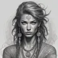 Colorful portrait of a tattooed Aloy with a grey scale face, 4k, Highly Detailed, Hyper Detailed, Powerful, Artstation, Vintage Illustration, Digital Painting, Sharp Focus, Smooth, Concept Art by Stanley Artgerm Lau, Alphonse Mucha, Greg Rutkowski