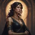 Alluring matte portrait of a beautiful Kassandra in black, 8k, Highly Detailed, Intricate, Half Body, Realistic, Sharp Focus, Volumetric Lighting, Fantasy, Elegant by Stanley Artgerm Lau, Alphonse Mucha, WLOP, Stefan Kostic