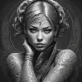 Grayscale matte portrait of a beautiful female ninja with tattoos, 4k, Highly Detailed, Powerful, Alluring, Artstation, Magical, Digital Painting, Photo Realistic, Sharp Focus, Volumetric Lighting, Concept Art by Stanley Artgerm Lau, Alphonse Mucha, Greg Rutkowski