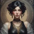 Alluring matte portrait of a beautiful Sona wearing black leather, 8k, Highly Detailed, Intricate, Half Body, Realistic, Sharp Focus, Volumetric Lighting, Fantasy, Elegant by Stanley Artgerm Lau, Alphonse Mucha, WLOP