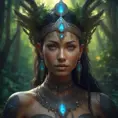 Closeup of a beautiful tribal goddess in a magical forest, 4k, Highly Detailed, Masterpiece, Pretty Face, Digital Illustration, Cinematic Lighting, Realistic, Sharp Focus, Centered, Beautifully Lit, Bioluminescent by Stanley Artgerm Lau