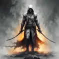 White Assassin emerging from a firey fog of battle, ink splash, Highly Detailed, Vibrant Colors, Ink Art, Fantasy, Dark by Brad Rigney