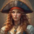 Alluring matte portrait of a beautiful female Pirate, 8k, Highly Detailed, Intricate, Half Body, Realistic, Sharp Focus, Volumetric Lighting, Fantasy, Elegant by Alphonse Mucha