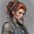 Colorful portrait of a tattooed Aloy with a grey scale face, 4k, Highly Detailed, Hyper Detailed, Powerful, Artstation, Vintage Illustration, Digital Painting, Sharp Focus, Smooth, Concept Art by Stanley Artgerm Lau, Alphonse Mucha, Greg Rutkowski