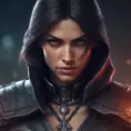 Alluring female rouge assassin in The Witcher 3 Style, 4k, Highly Detailed, Beautiful, Cinematic Lighting, Sharp Focus, Volumetric Lighting, Closeup Portrait, Concept Art