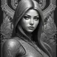 Grayscale matte portrait of a beautiful female ninja with tattoos, 4k, Highly Detailed, Powerful, Alluring, Artstation, Magical, Digital Painting, Photo Realistic, Sharp Focus, Volumetric Lighting, Concept Art by Stanley Artgerm Lau, Alphonse Mucha, Greg Rutkowski