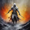 White Assassin emerging from a firey fog of battle, ink splash, Highly Detailed, Vibrant Colors, Ink Art, Fantasy, Dark by Gilbert Williams