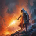 White Assassin emerging from a firey fog of battle, ink splash, Highly Detailed, Vibrant Colors, Ink Art, Fantasy, Dark by Tim Hildebrandt