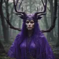 A mysterious witch cloaked with antlers in purple chaos energy, in a dark forest of salix trees, 8k, High Definition, Highly Detailed, Trending on Artstation, Darkwave, Epic, Isometric, Cinematic Lighting, Smooth, 3D Rendering, Octane Render, Vibrant Colors, Ominous by Stanley Artgerm Lau, Zdzislaw Beksinski, H. R. (Hans Ruedi) Giger