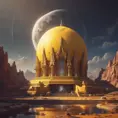 Cosmic round beautiful yellow temple in the center of a futuristic community. Extraterrestrial landscape. Planet sirius. The moon and stars can be seen in the sky even during the day., Sci-Fi, Volumetric Lighting, Vibrant Colors by WLOP