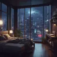 Beautiful cozy bedroom with floor to ceiling glass windows overlooking a cyberpunk city at night, thunderstorm outside with torrential rain, High Resolution, Highly Detailed, Darkwave, Gloomy by Stefan Kostic