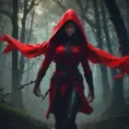 Red hooded female ninja in a haunted forest, Highly Detailed, Intricate, Gothic, Volumetric Lighting, Fantasy, Dark by Stanley Artgerm Lau