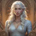 Alluring matte portrait of a beautiful Daenerys Targaryen, 8k, Highly Detailed, Intricate, Half Body, Realistic, Sharp Focus, Volumetric Lighting, Fantasy, Elegant by Alphonse Mucha